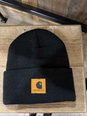 Carhartt Black Knit Beanie with Tan Logo Patch